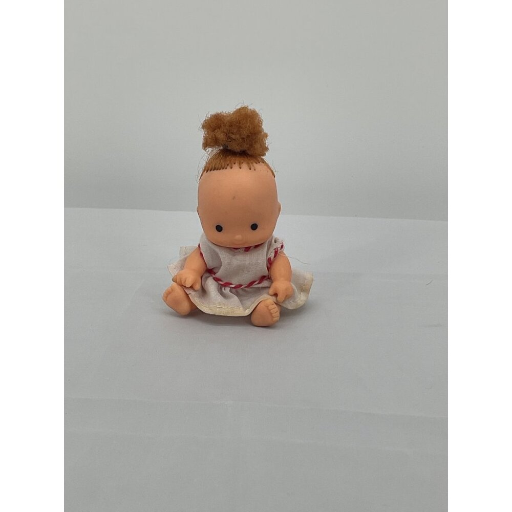 Vintage Miniature Baby Doll Made In Hong Kong With White Dress & Red Trim